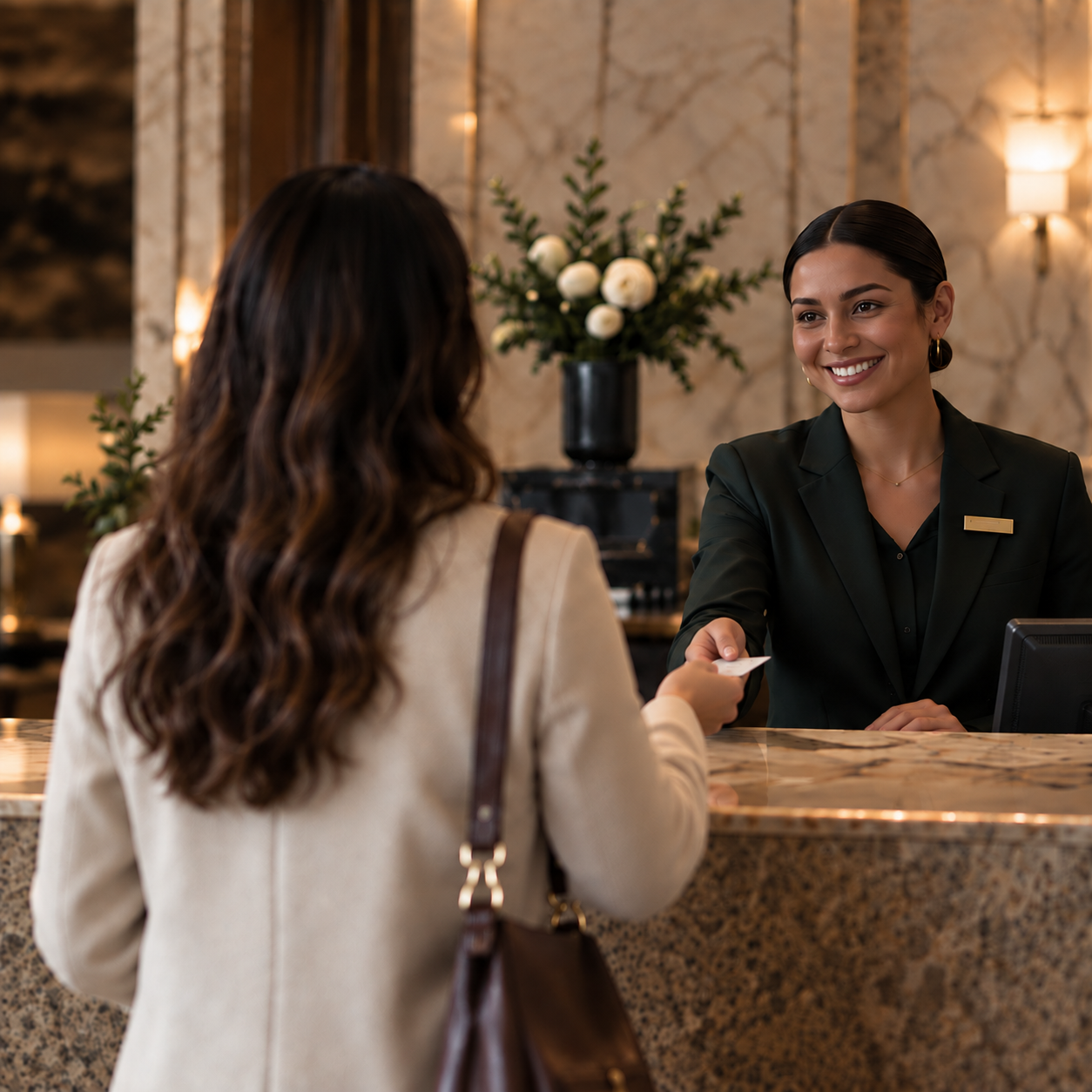 Welcoming a guest at the front desk