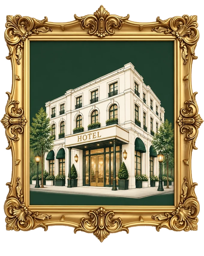 Uptic hotel illustration in an ornate gold frame against dark forest green