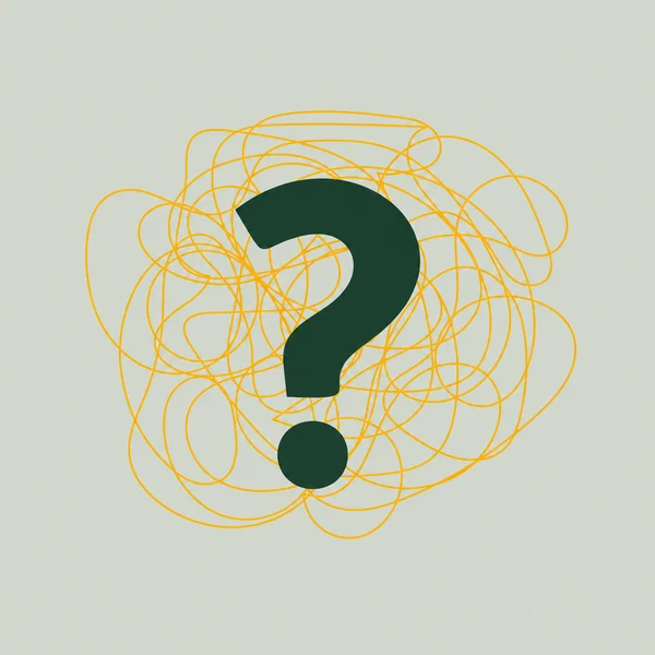 Dark green question mark surrounded by tangled gold lines